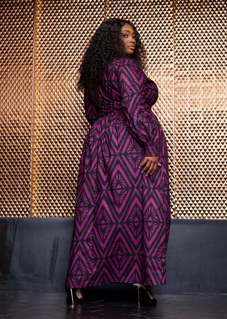 Rehema Women's African Print Maxi Dress (Plum Diamonds)