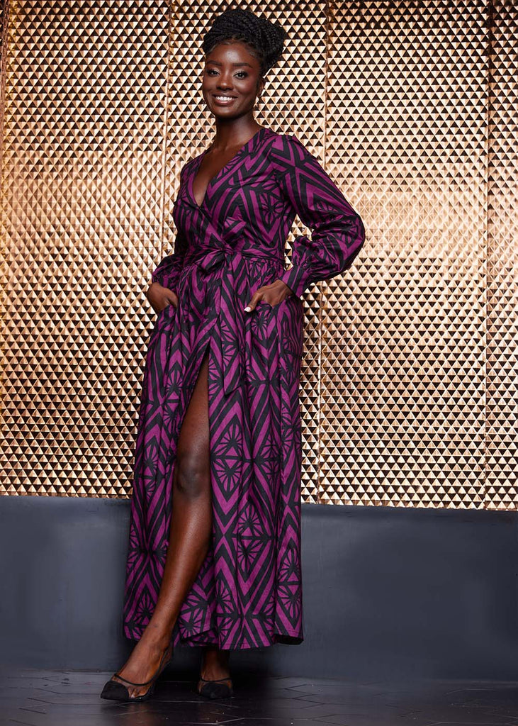 Rehema Women's African Print Maxi Dress (Plum Diamonds)