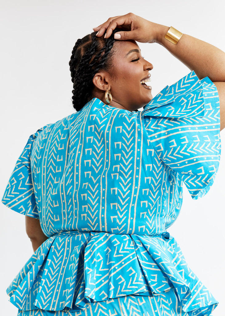 Sankofa Women's African Print Peplum Top (Sky Blue Mudcloth) - Clearance