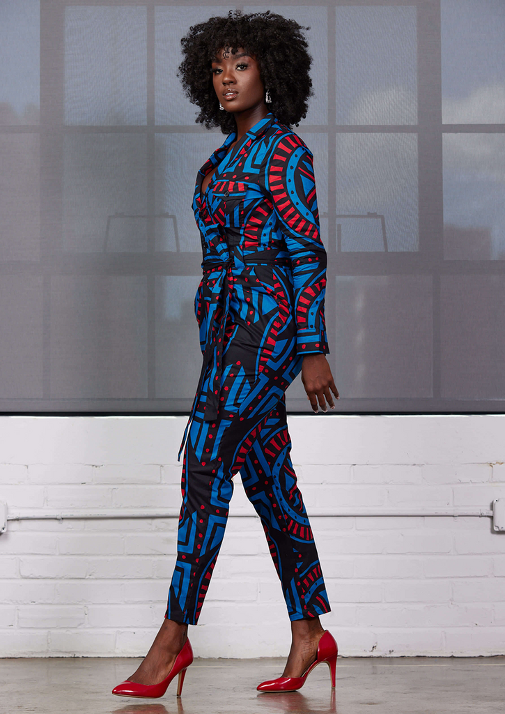 Shoyebi Women's African Print Jumpsuit (Blue Red Tiles)