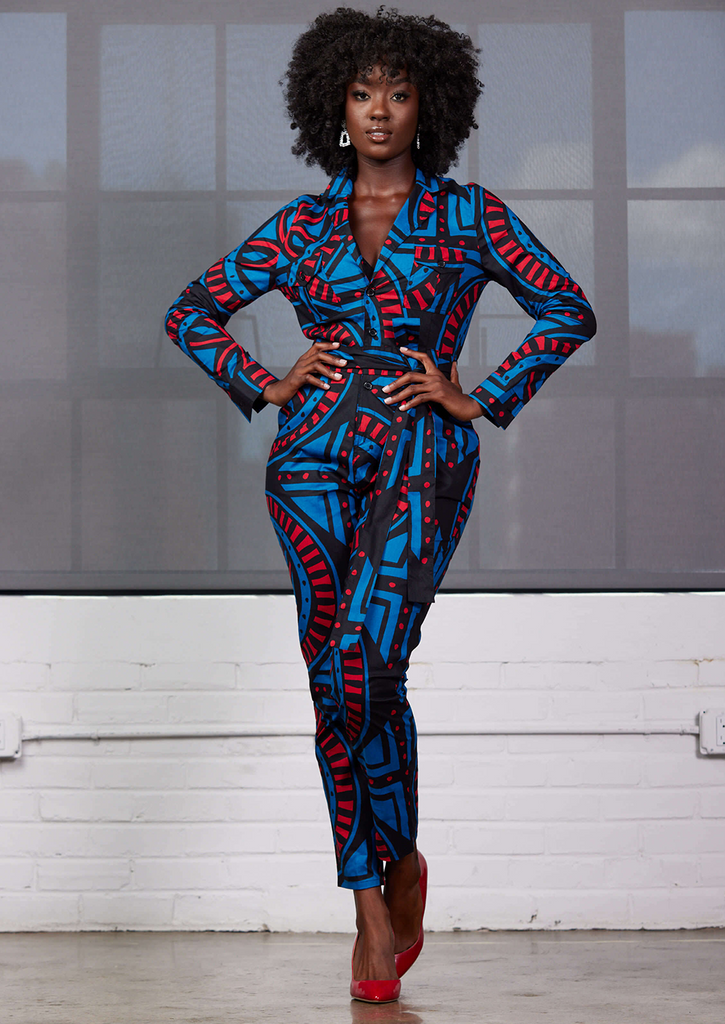 Shoyebi Women's African Print Jumpsuit (Blue Red Tiles)