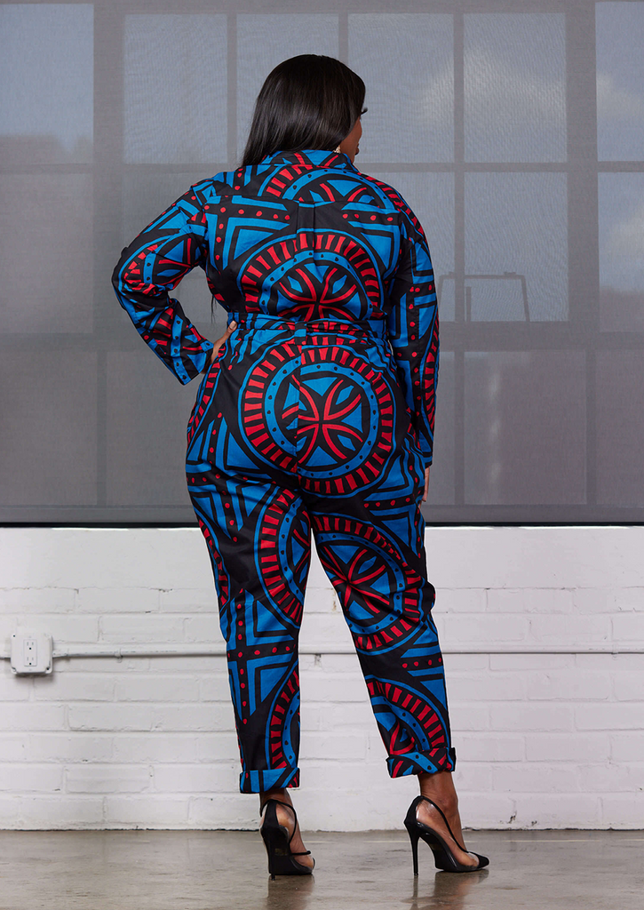 Shoyebi Women's African Print Jumpsuit (Blue Red Tiles)