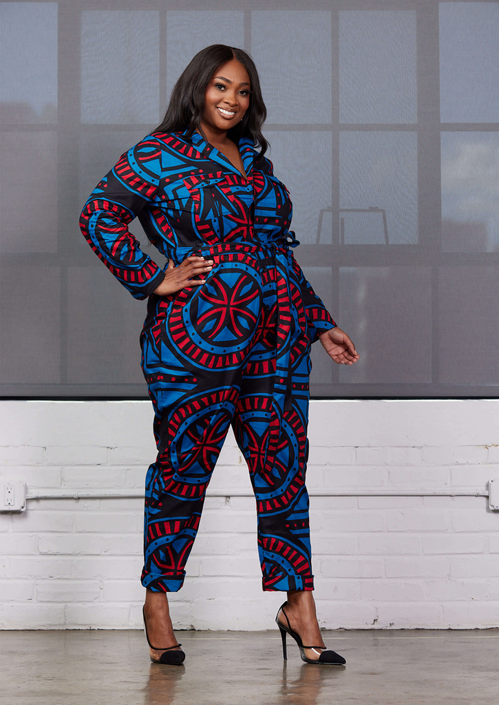 Shoyebi Women's African Print Jumpsuit (Blue Red Tiles)