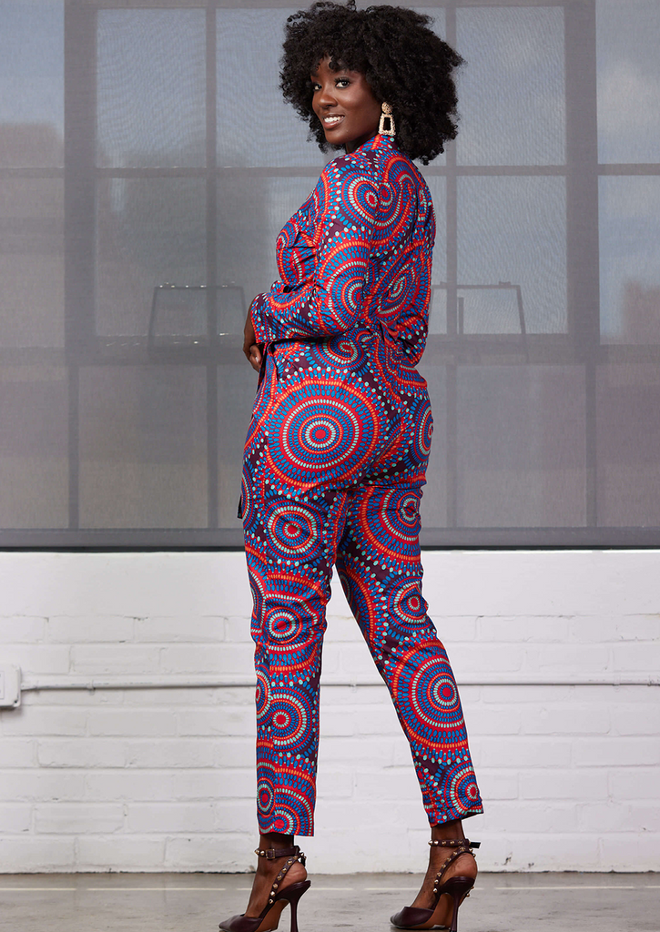 Shoyebi Women's African Print Jumpsuit (Red Indigo Circles)