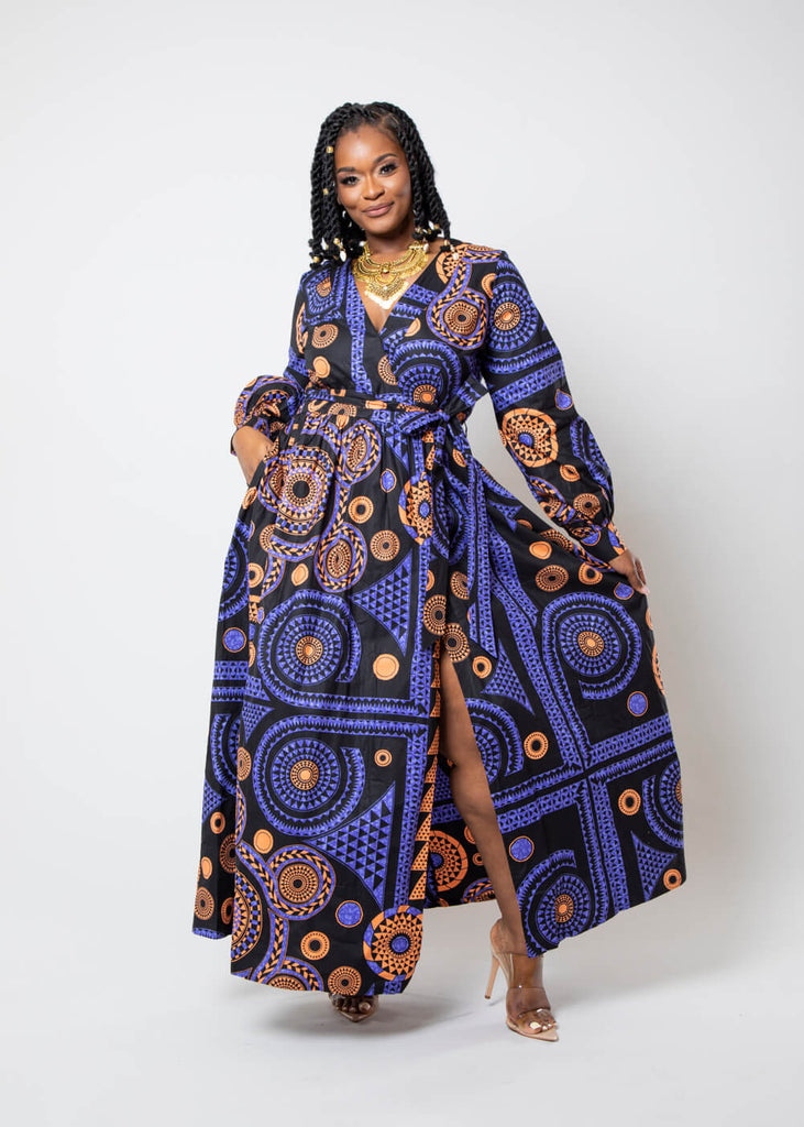 Rehema Women's African Print Faux Wrap Maxi Dress (Purple Mandala)