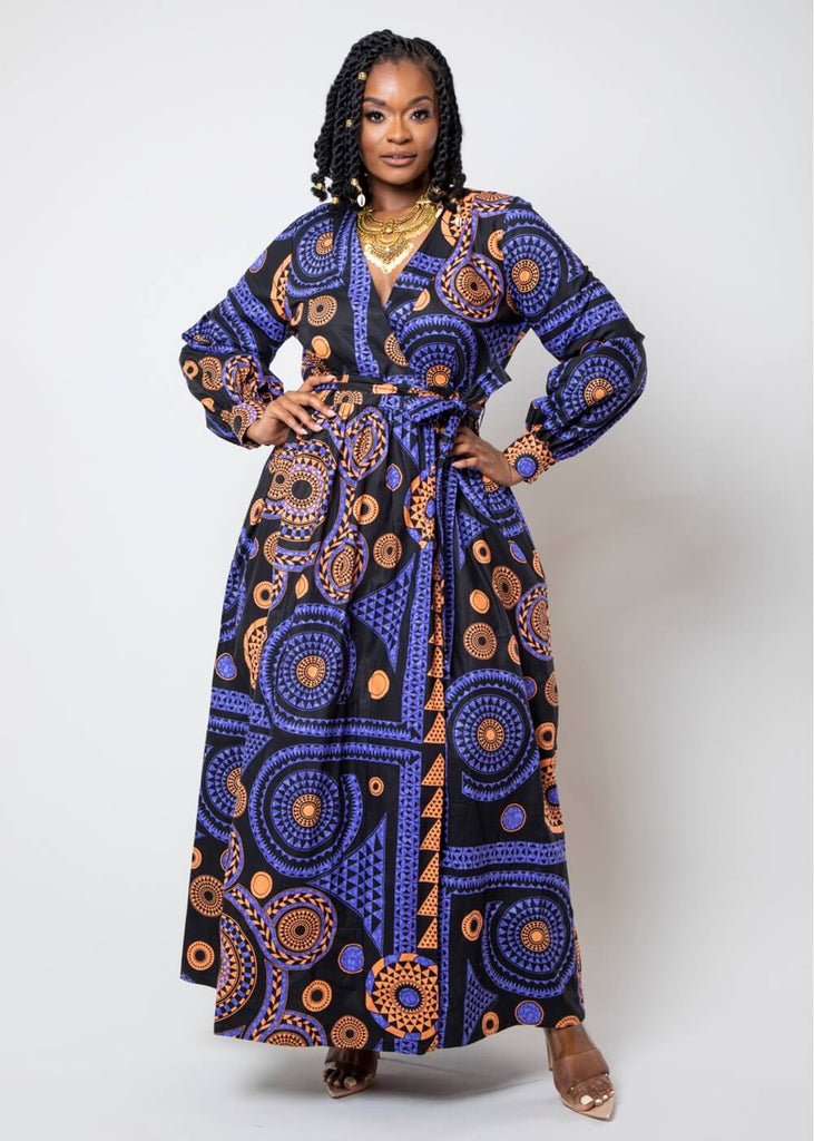 Rehema Women's African Print Faux Wrap Maxi Dress (Purple Mandala)