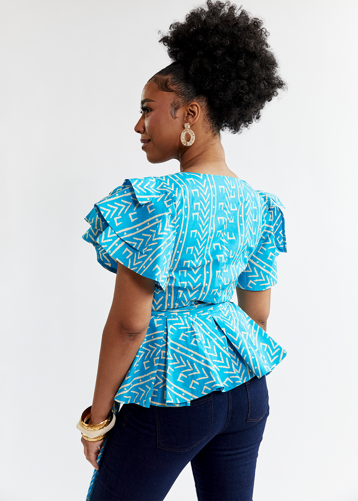 Sankofa Women's African Print Peplum Top (Sky Blue Mudcloth) - Clearance