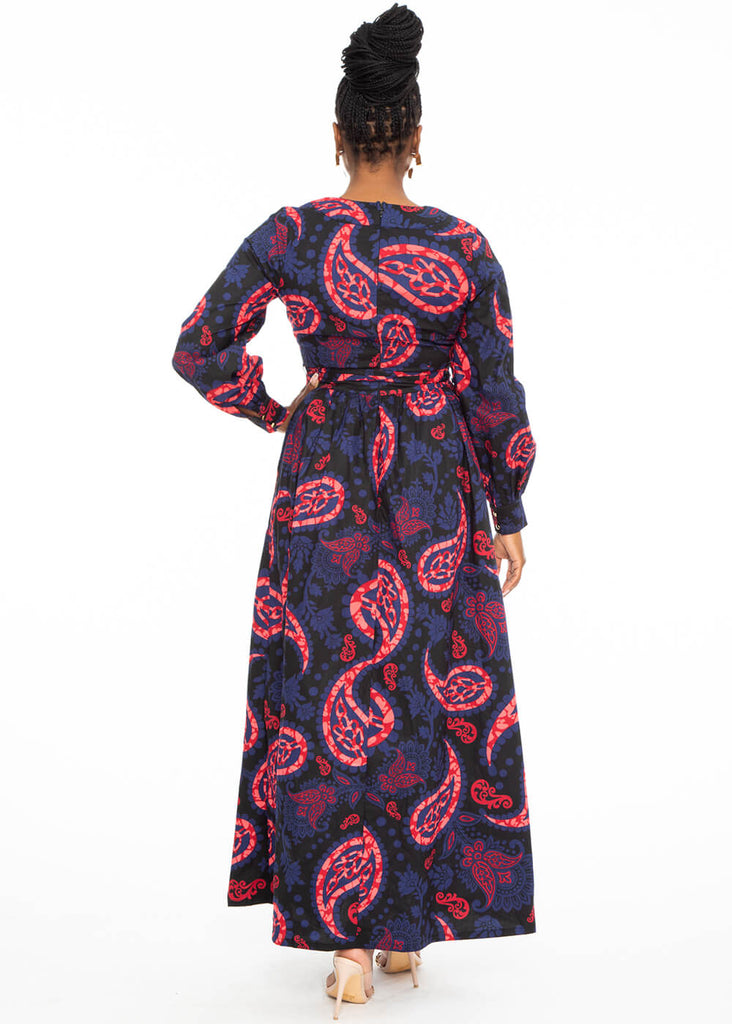 Rehema Women's African Print Maxi Dress (Black Maroon Paisley)