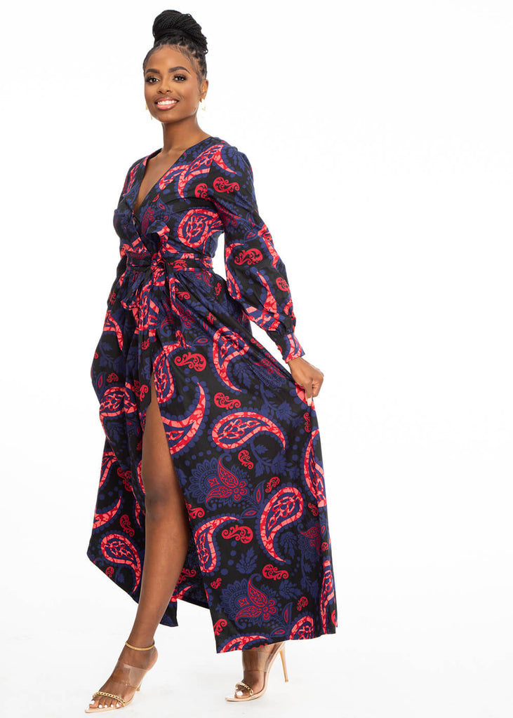 Rehema Women's African Print Maxi Dress (Black Maroon Paisley)