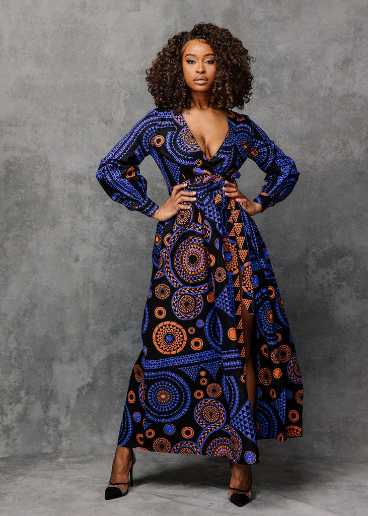 Rehema Women's African Print Faux Wrap Maxi Dress (Purple Mandala)